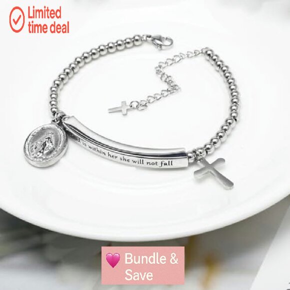 Stainless Steel Christian Charm Bracelet with Cross and Inspirational Verse - Picture 4 of 8